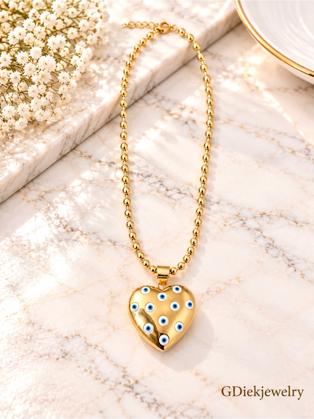 Gold Filled Heart Necklace with Blue Evil Eye Accents